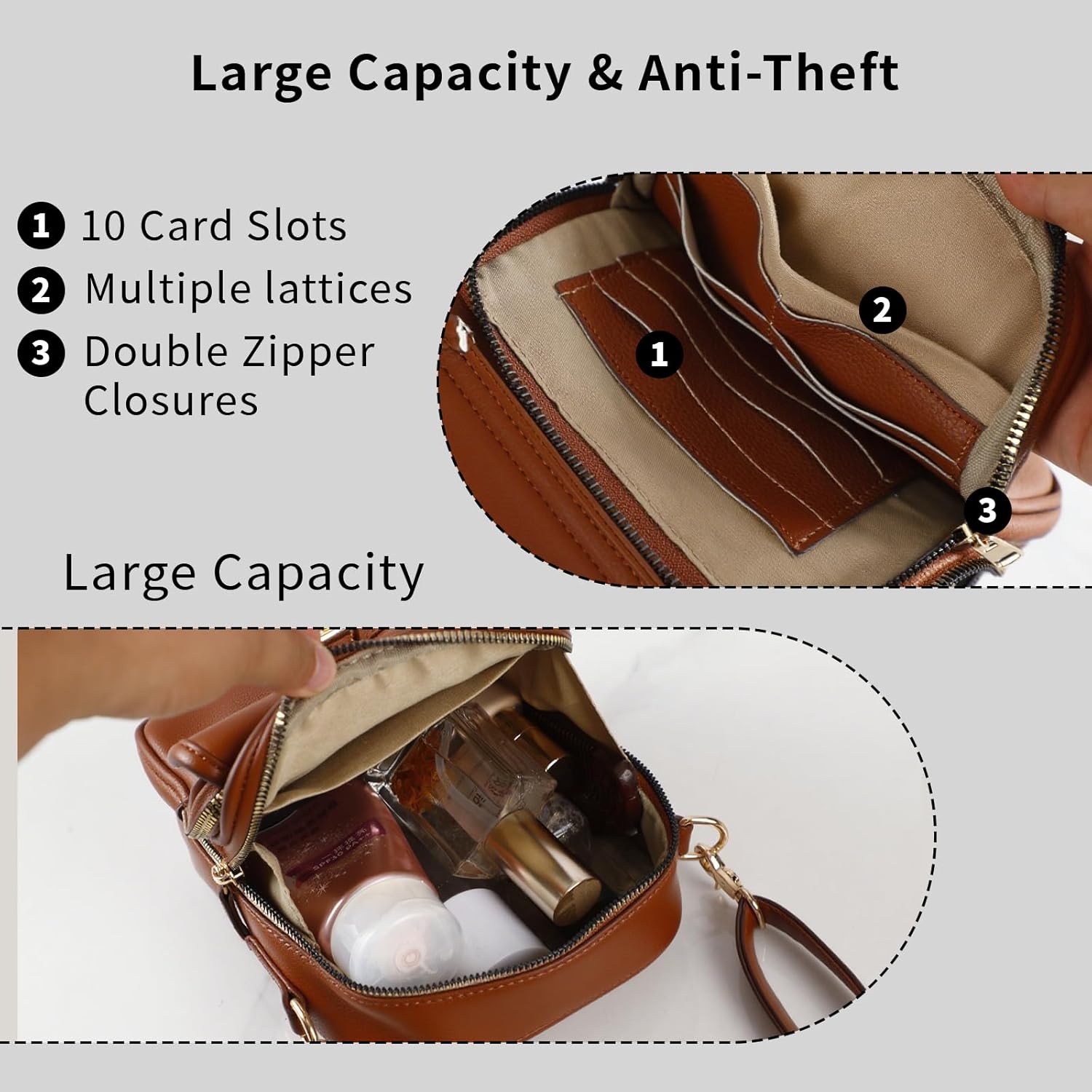 Leather Crossbody Bag for Women,Anti-Theft Messenger Bag with Large Capacity,Built-in Purse Card