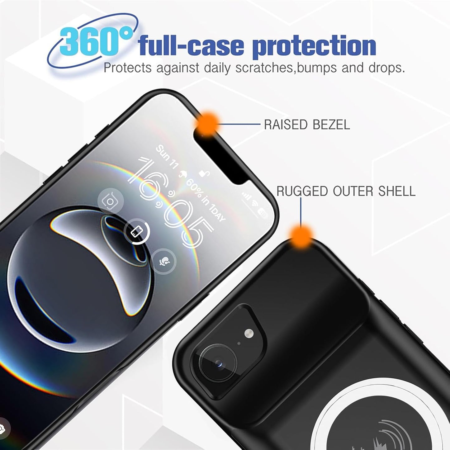 Battery Case for iPhone 16e, 10000mAh High Capacity Portable Charger Case, Rechargeable Smart Battery Pack Compatible with iPhone 16e 6.1 inch Charging, Support Wireless & Carplay - Black