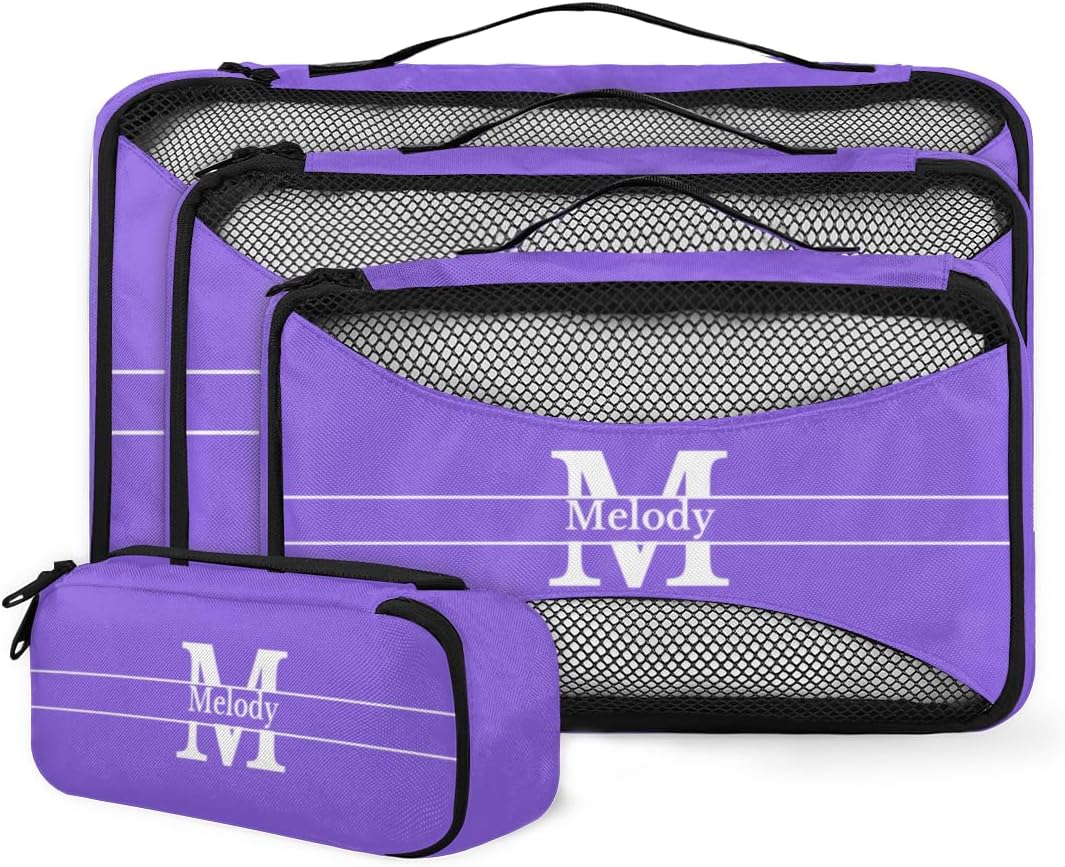Custom Packing Cubes with Name, 4Pcs/Set Travel Luggage Packing Organizers Set for Women, MediumPurple with Initial Letter