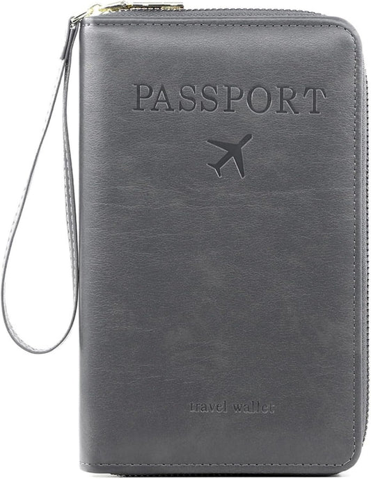 S-11 RFID Blocking Passport Holder Travel Wallet, Slim Zipper Card Case with ID Window, Boarding Pass Slot & Credit Card Organizer for Men and Women. (Gray)