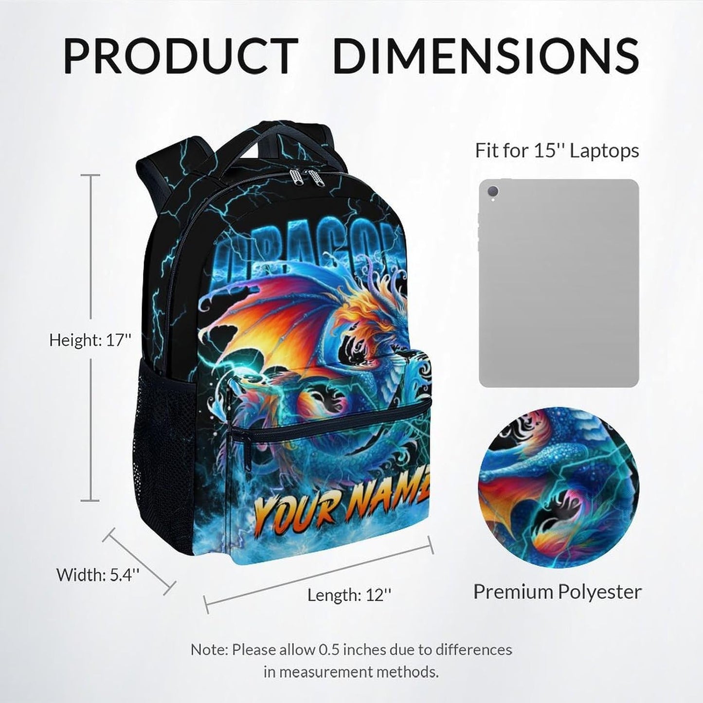 School Backpack, Dragon Backpacks for Boys, Personalized Girls Bookbag for Primary, 17 Inch Custom Toddler Bookbags with Name