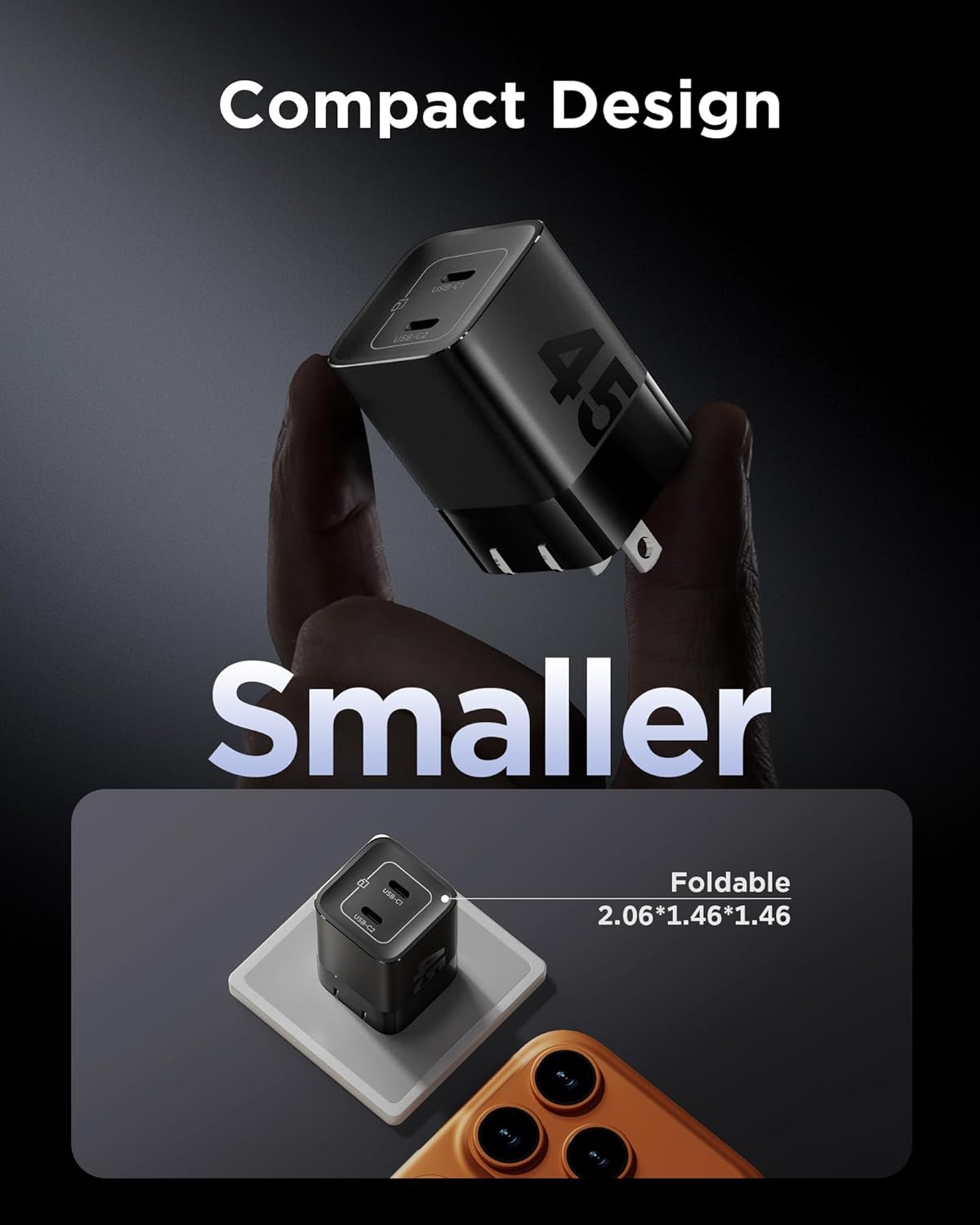 45W USB C Charger, 2 Port PPS Compact Foldable GaN Charger for iPhone 17/16, iPad, Galaxy S25 S24, Pixel 10/9, Compatible with MagSafe (Black)