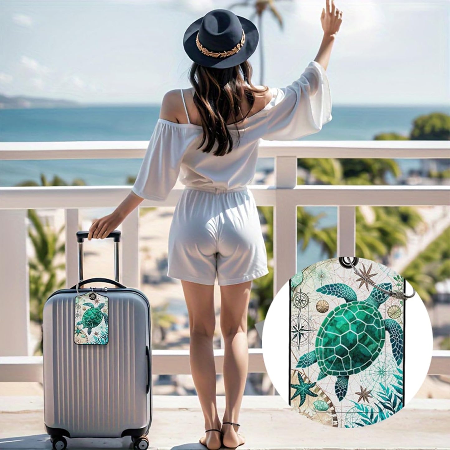 Turtles Leather Luggage Tags for Suitcases, PU Cruise Ship Travel Bag Tags with Privacy Cover ID Label with Stainless Steel Loop for Women Men Girls Cute Backpack Gift 2 Pack (Green Blue)