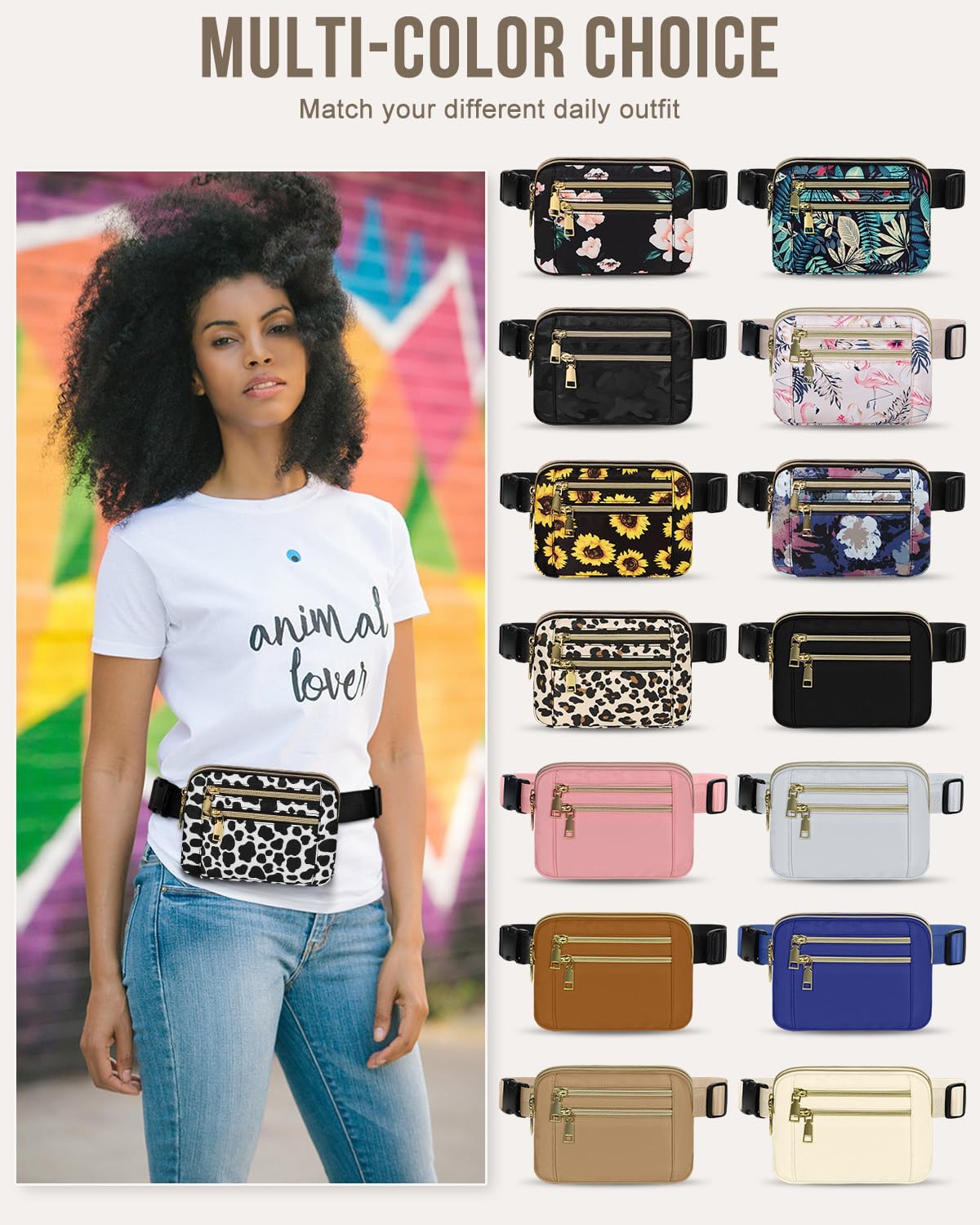 Capolo Fanny Packs for Women Fashion Waist Packs Bag with Adjustable Strap and 4 Zipper Pockets Waterproof Everywhere Crossbody Belt Bag for Workout Running Travelling(Cow Print)