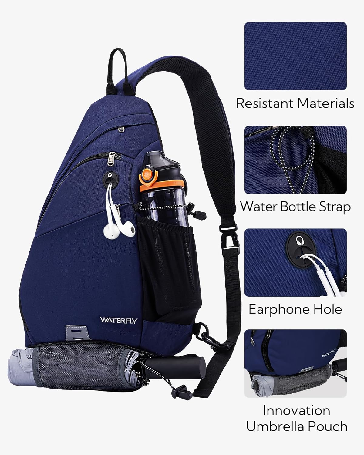 WATERFLY Sling Bag Crossbody Backpack: Over Shoulder Daypack Casual Cross Chest Side Pack (Large