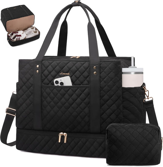 LOVEVOOK Large Travel Duffle Bag for Women, 52L Weekender Bags with Shoe Compartment & Wet Pocket, Quilted Carry On Personal Item Bag, Overnight Hospital Bags for Labor Delivery Black