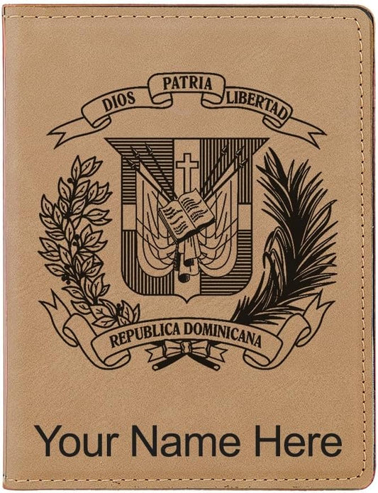 LaserGram Faux Leather Passport Holder, Coat of Arms Dominican Republic, Personalized Engraving Included (Light Brown)