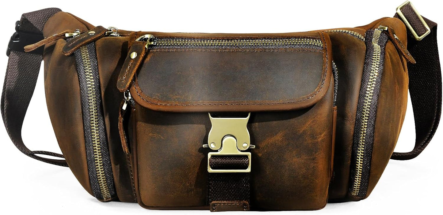 Thick Crazy Horse Leather Hiking Riding Travel Outdoor Belt Bag Fanny Waist Pack Small Phone Pouch For Men Women 380 (388 Brown)