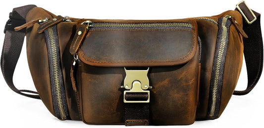 Thick Crazy Horse Leather Hiking Riding Travel Outdoor Belt Bag Fanny Waist Pack Small Phone Pouch For Men Women 380 (388 Brown)