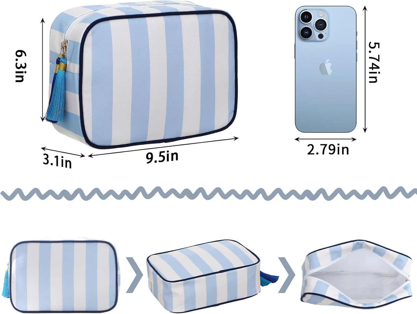 Stripe Makeup Bag Travel Cosmetic Bag Organizer Tassel Toiletry Bag Large Canvas Zipper Pouch and Accessories Storage Bag for Women