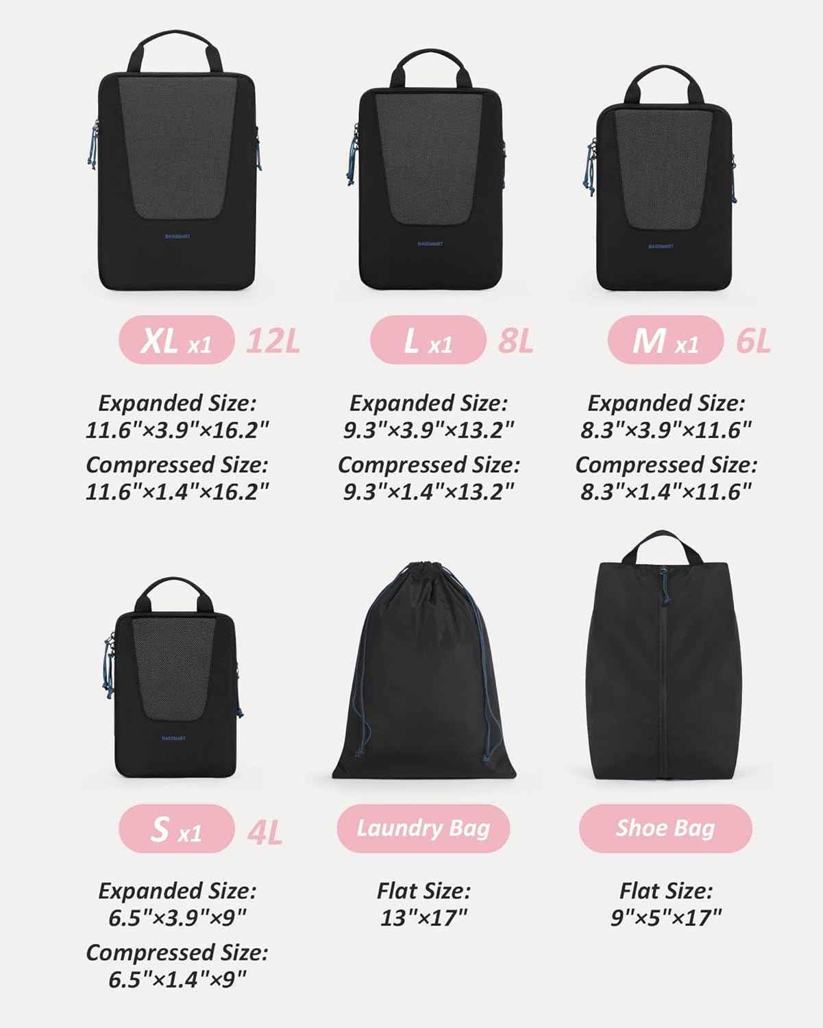 BAGSMART Compression Packing Cubes for Travel, 6 Set/5 Set/4 Set, Compression Suitcase Organizer Bags Set for Suitcases Travel Essentials, Lightweight Packing Organizers