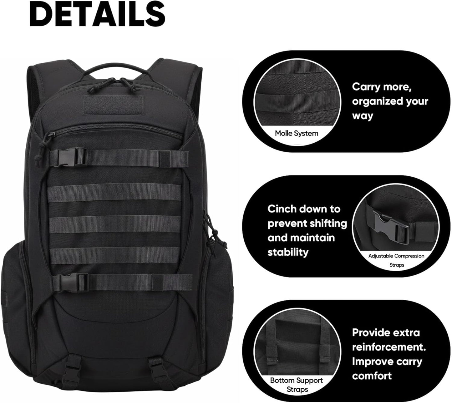 35L Tactical Backpack for Men, MOLLE Military Bug Out Bag, Waterproof Rucksack for Hiking with