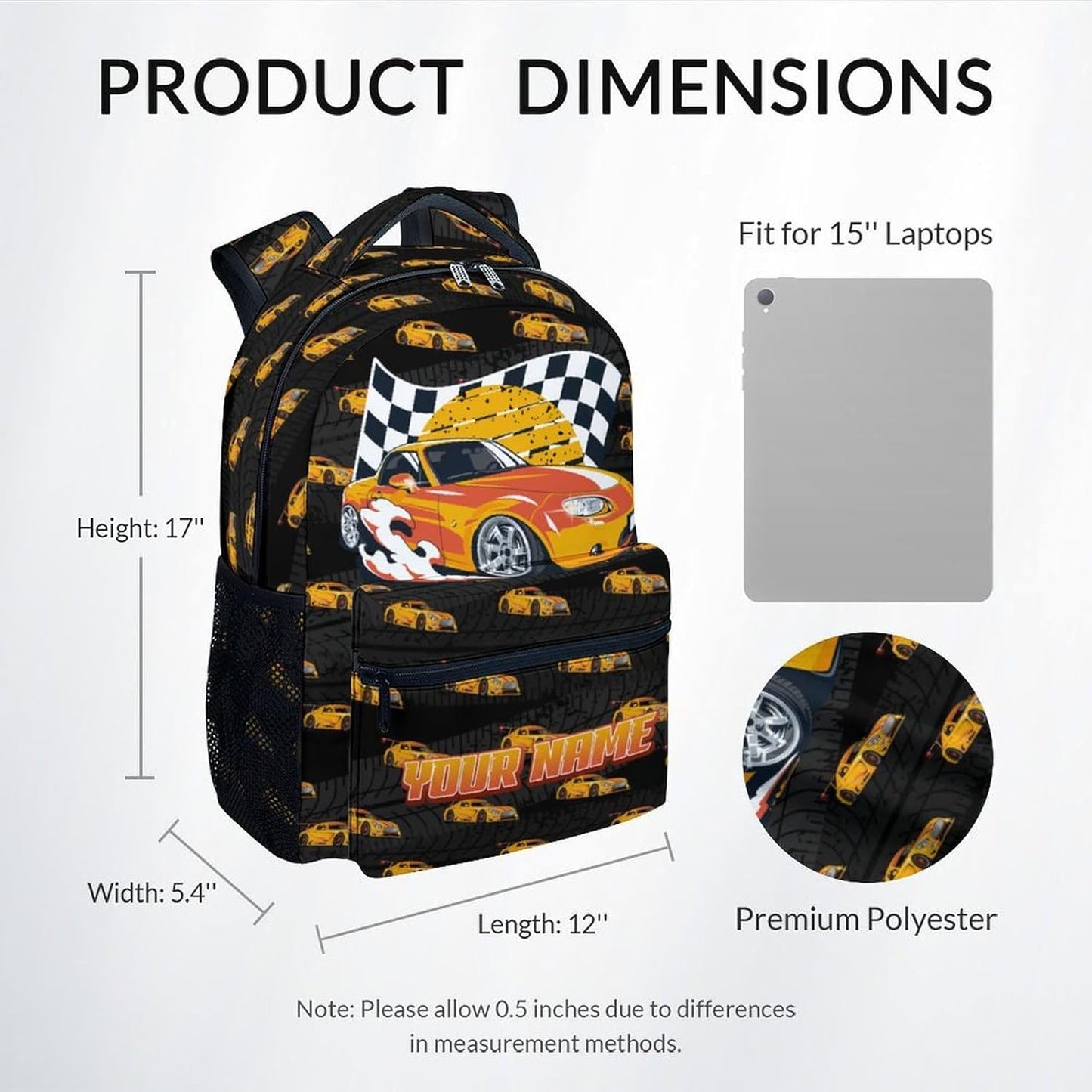 School Backpack for Boys - Personalized Cool Racing Car Bookbag for Teens Kids - 17 Inch Custom Backpacks for Primary Middle College