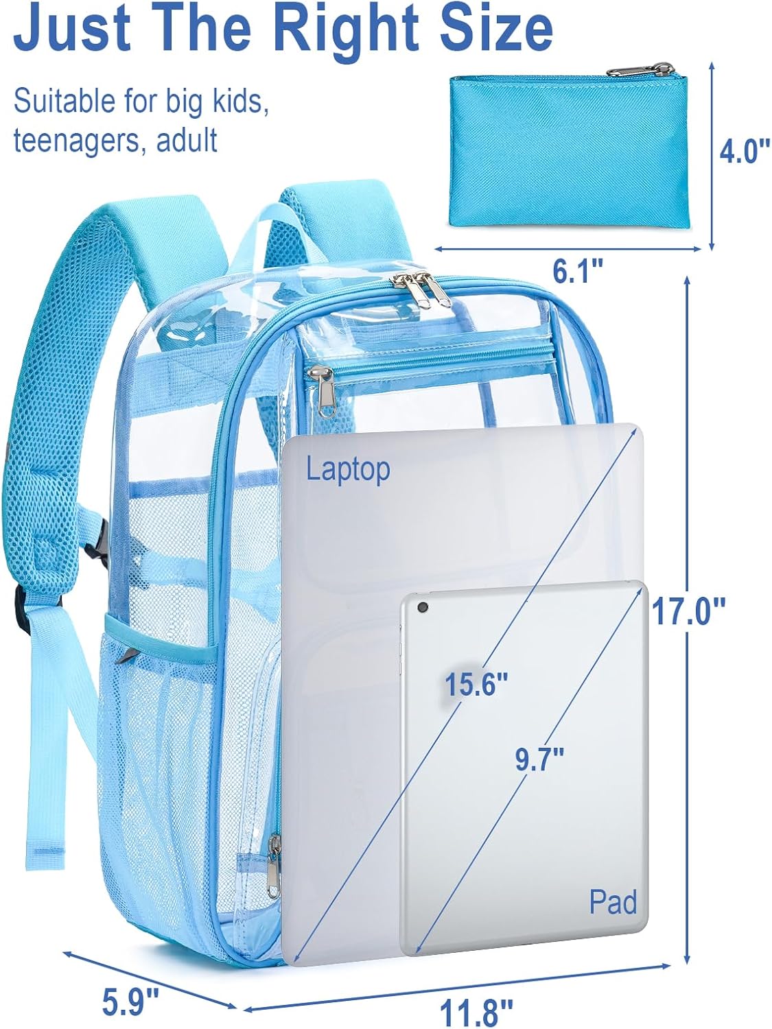 Heavy Duty Clear Backpack For Kids Women Men Boys Girls, 17 Inch Large See Through Backpack, Clear Bookbag With An Extra Pouch Accessories, Transparent Bag For School College Work, Light Blue