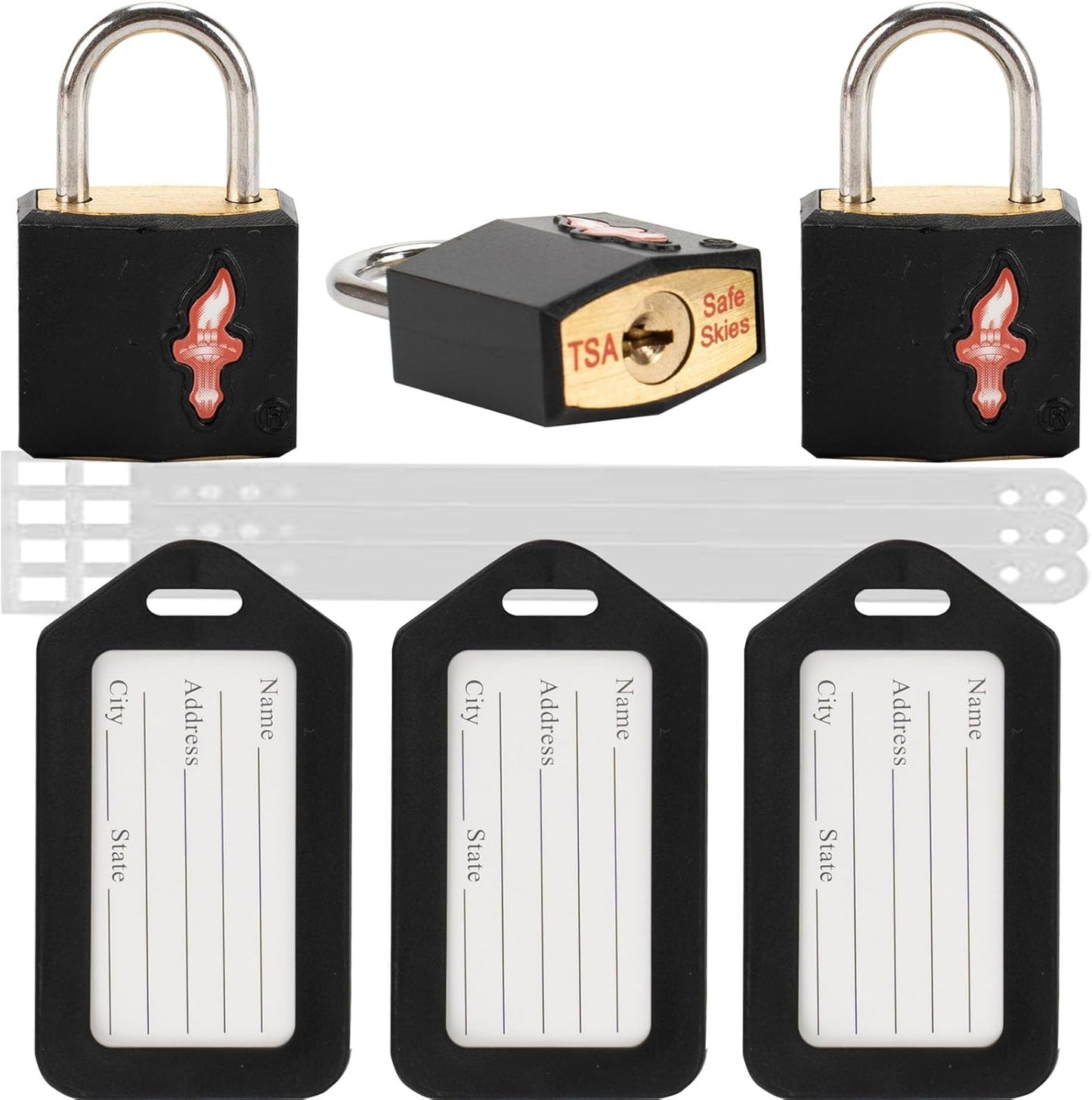 TSA Approved Luggage Locks 3 Pack with Luggage Tags | 6 Keys, Black Travel Lock Bundle - Solid Brass Core & Rubber Armor Padlocks for Suitcases, Backpacks (TSA Certified)