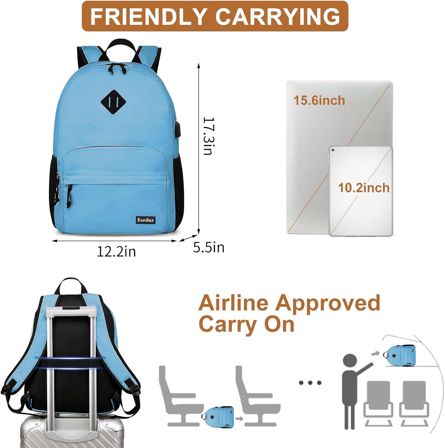 Backpack for School Teens Boys Girls, Lightweight Casual Backpacks for Men and Women, Classic Basic Water Resistant Casual Daypack, 15.6 Inch Laptop Bookbag for College High School, Light Blue
