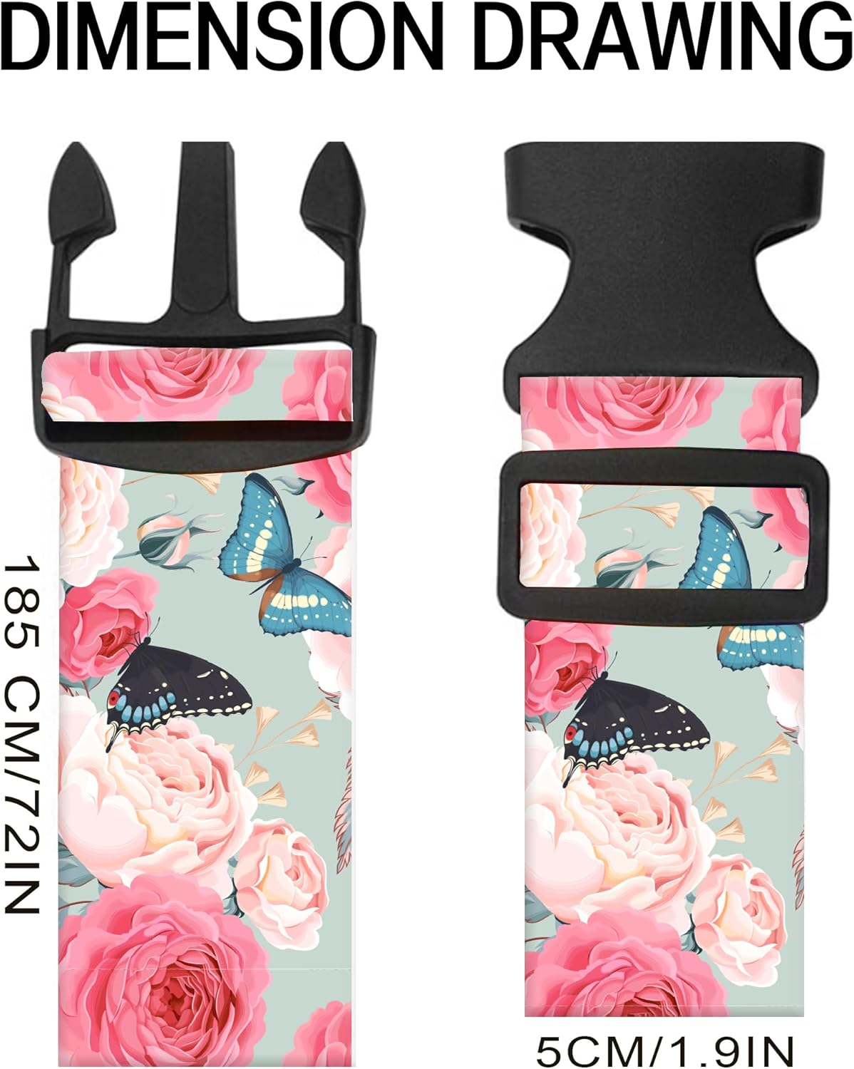 Luggage Straps for Suitcases, Adjustable Travel Belt, Durable Wide Luggage Strap, Cute Suitcase Strap Identifiers with Buckle, Bag Straps for Luggage, Cute Rose Butterfly
