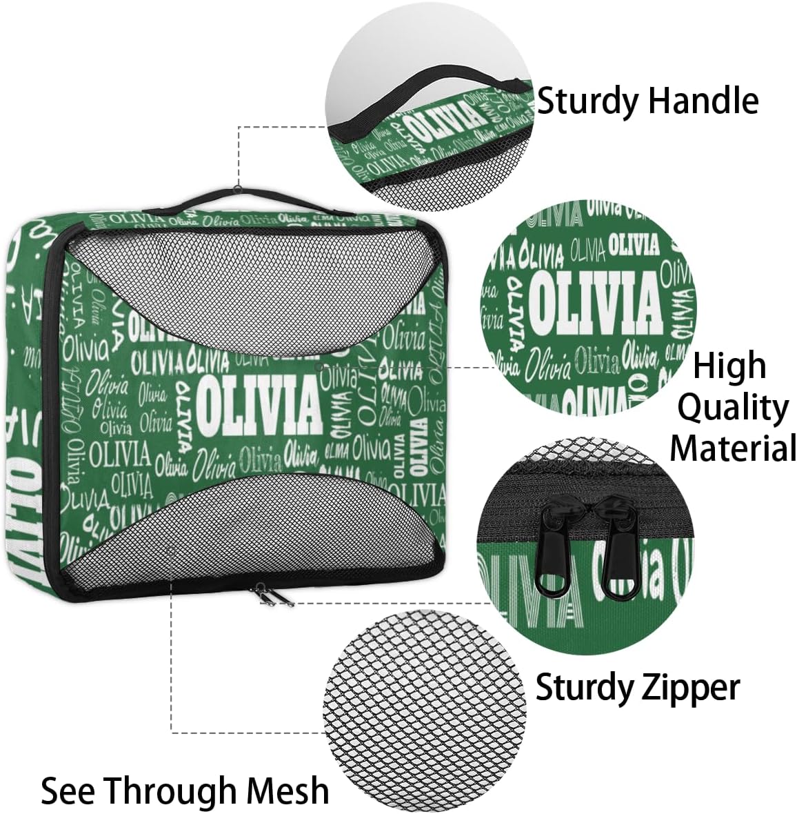 Personalized Compression Packing Cubes with Name, 4 Set Mesh Travel Organizer Bags for Carry on Women Men Boys, Luggage, Suitcase, Forest Green Solid Color