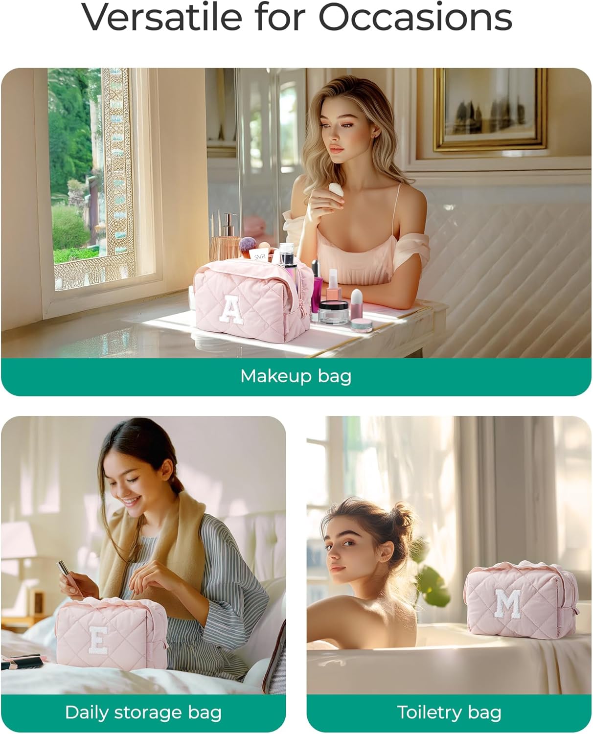 BAGSMART Elegant Roomy Makeup Bags (Initial-E-Pink)