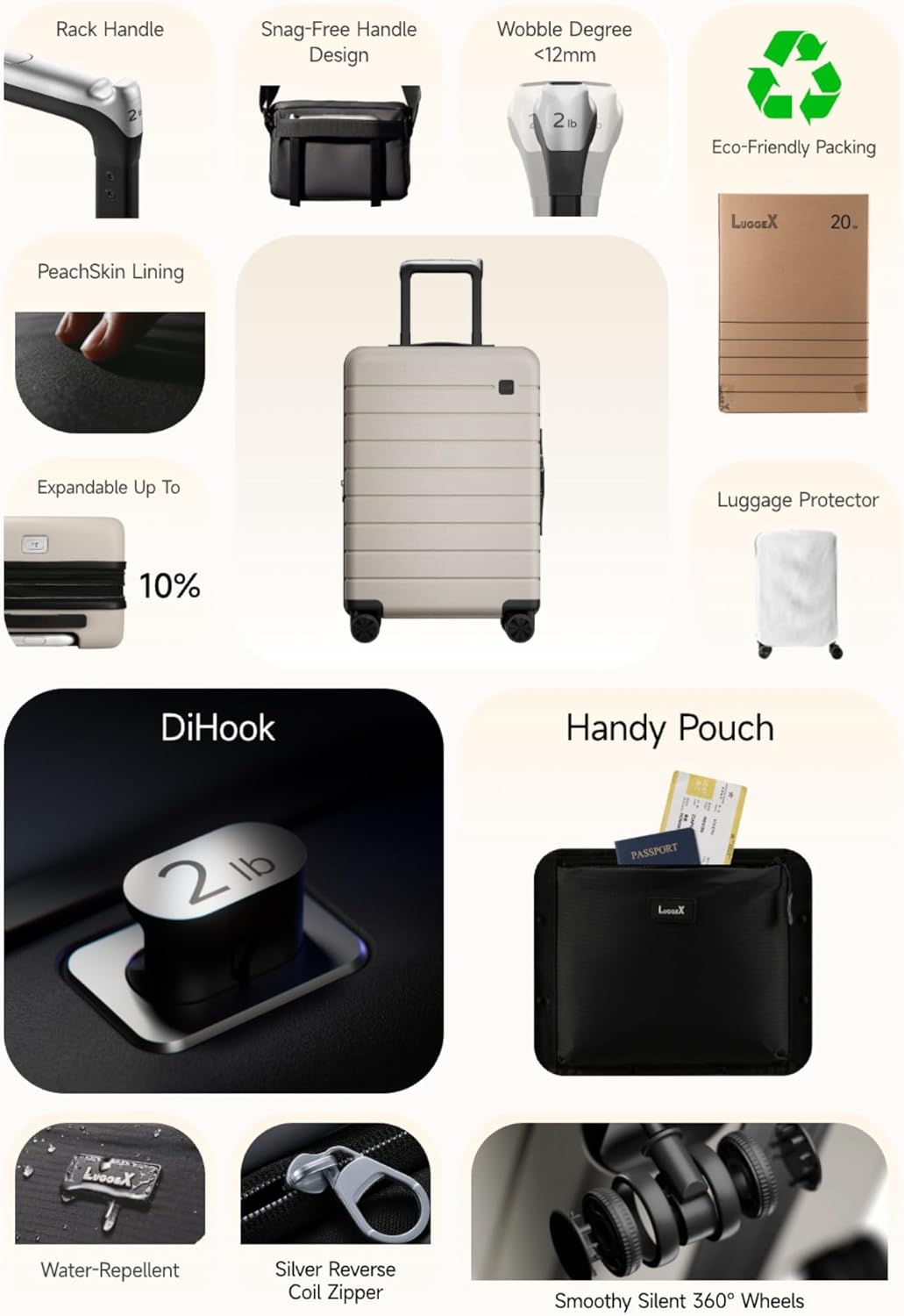 LUGGEX Carry On Luggage HUP3, Accelerate Access with DiHook, Handy Pouch, 20 inch Expandable Hard