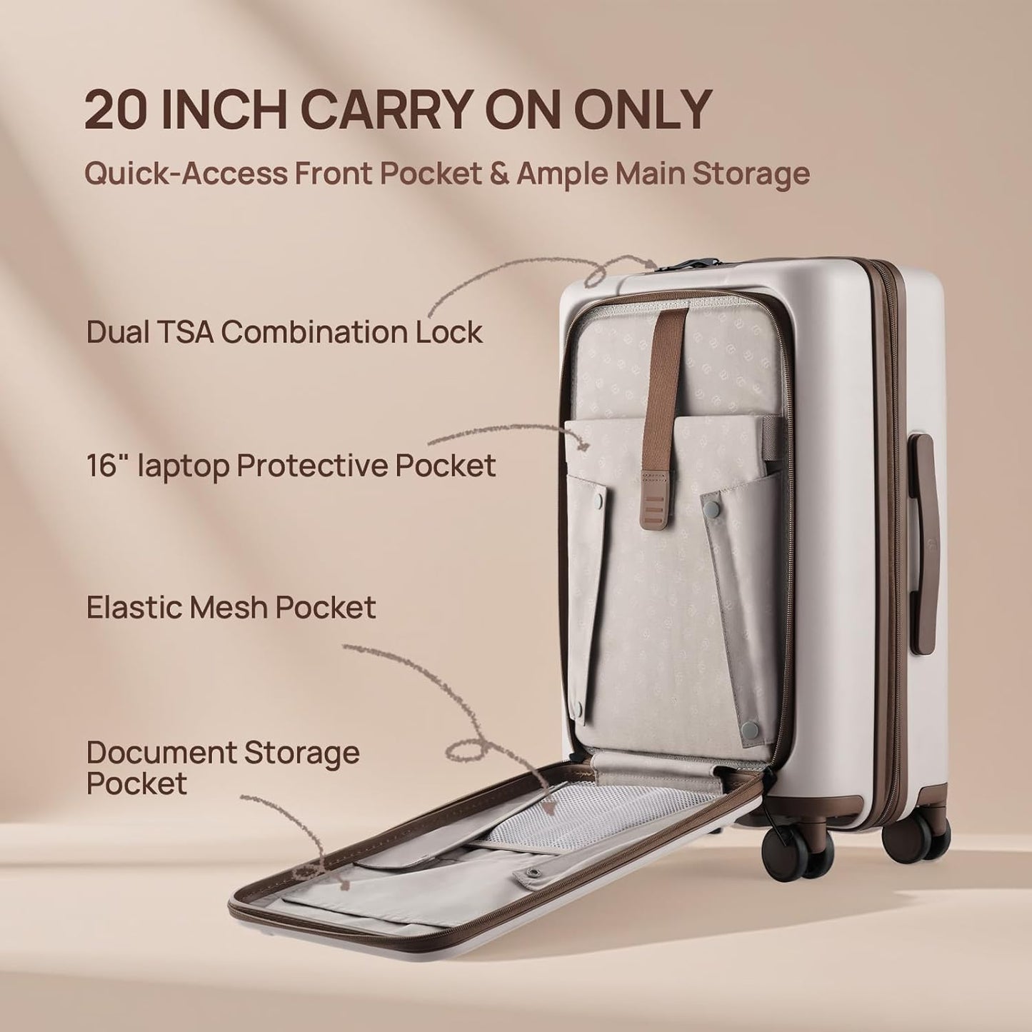 NINETYGO Carry On Luggage 22x14x9 Airline Approved, 20 Inch Suitcase with Front Compartment & Cup Holder, Coffee-Infused PC Hard Shell, Eco-Friendly, TSA Lock, 360° Spinner Wheels (Oats White)