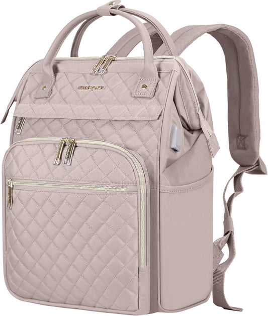 EMPSIGN 17 Inch Laptop Backpack for Women, Work Business Travel Computer College Bags, Large Capacity Water-repellent Quilted Casual Daypack with USB Port, Dusty Pink