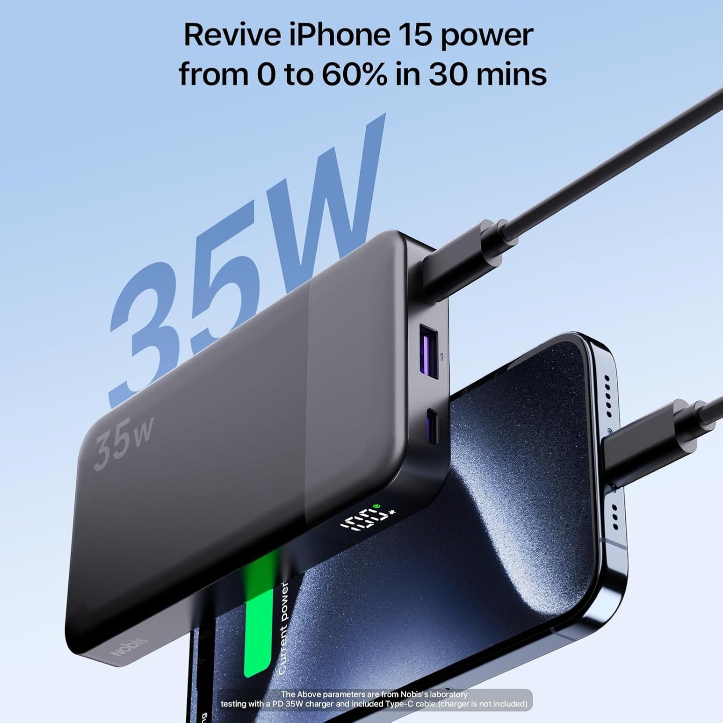 NOBIS Portable Charger, 10000mAh Power Bank Fast Charging, Battery Pack with C to C Cable, Battery Bank with Digital Display for iPhone iPad Android etc (Black, 35W)