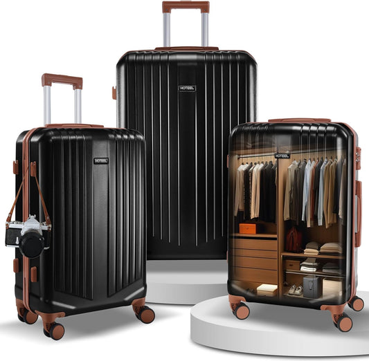 Hoteel 3-Piece Luggage Sets (4-YEAR WARRANTY) with Spinner Wheels, TSA Lock, 20 24 28 Inch Hardshell Suitcases for Travel, Lightweight Carry On & Checked Luggage Set （Black）