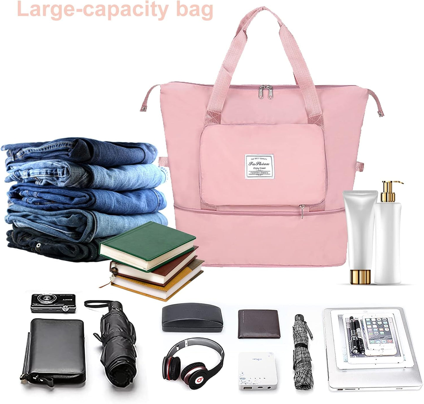 Large Capacity Folding Travel Tote Bag, Oxford Fabric Waterproof Lightweight Foldable Travel Duffel Bag, Portable Expandable Travel Bag, Dry and Wet Separation Carry On Bag for Airplanes