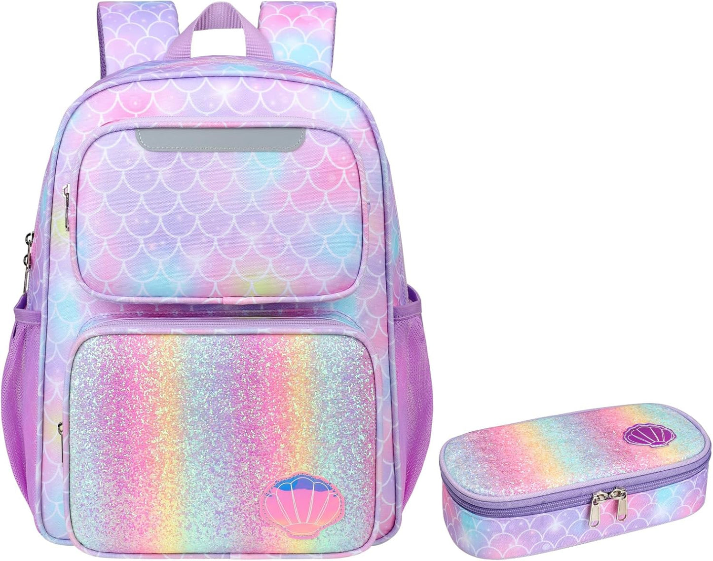 Kids Backpack with Pencil Case - 15 Inch Backpack for Girls 3 to 8, Lightweight Bookbag for Preschool Kindergarten Elementary School, Insulated Pocket, Reflective Stripe, Purple Mermaid
