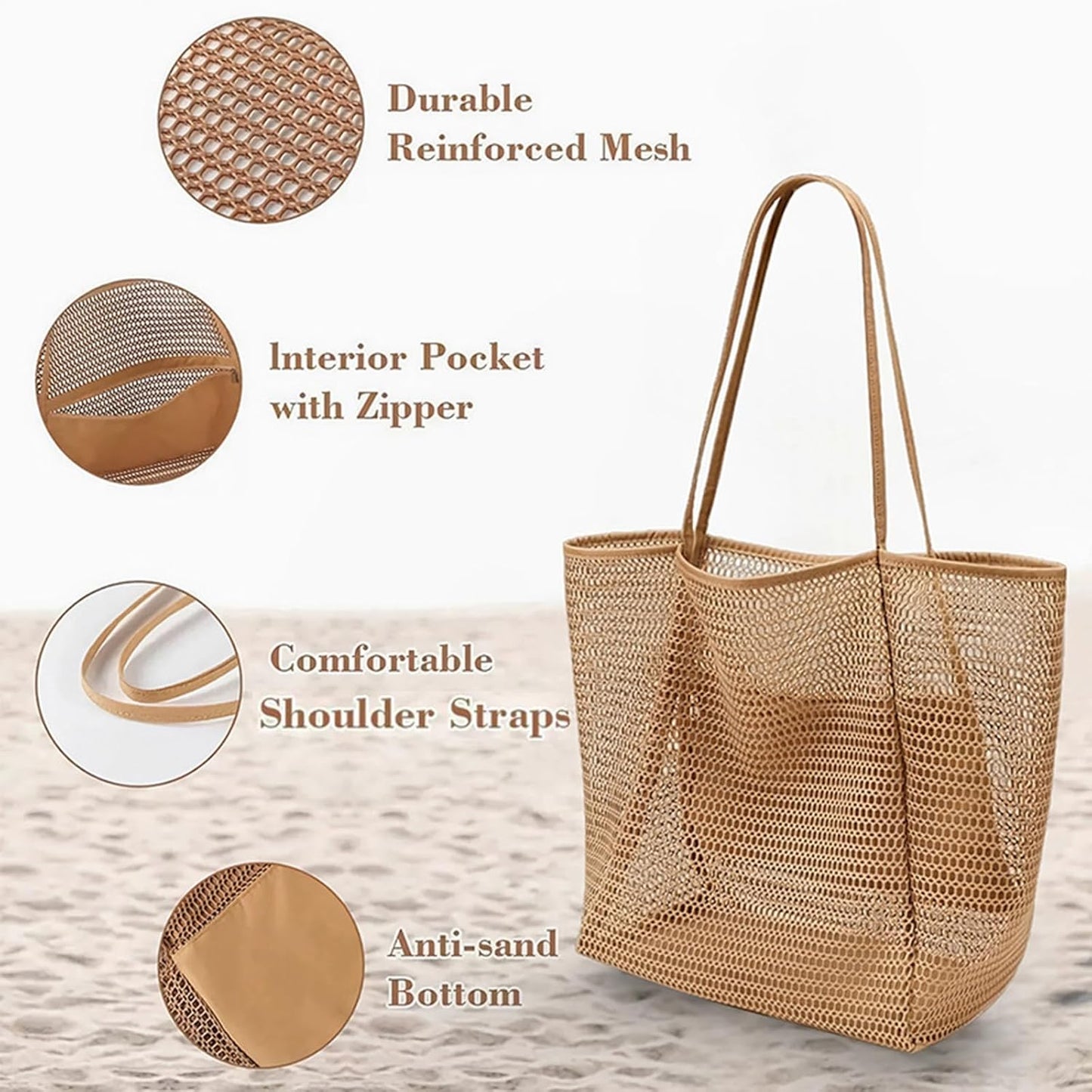 Large Beach Bags for Women, Mesh Beach Tote with Zipper, Foldable Pool Tote Bag Travel Beachbag Waterproof Sandproof