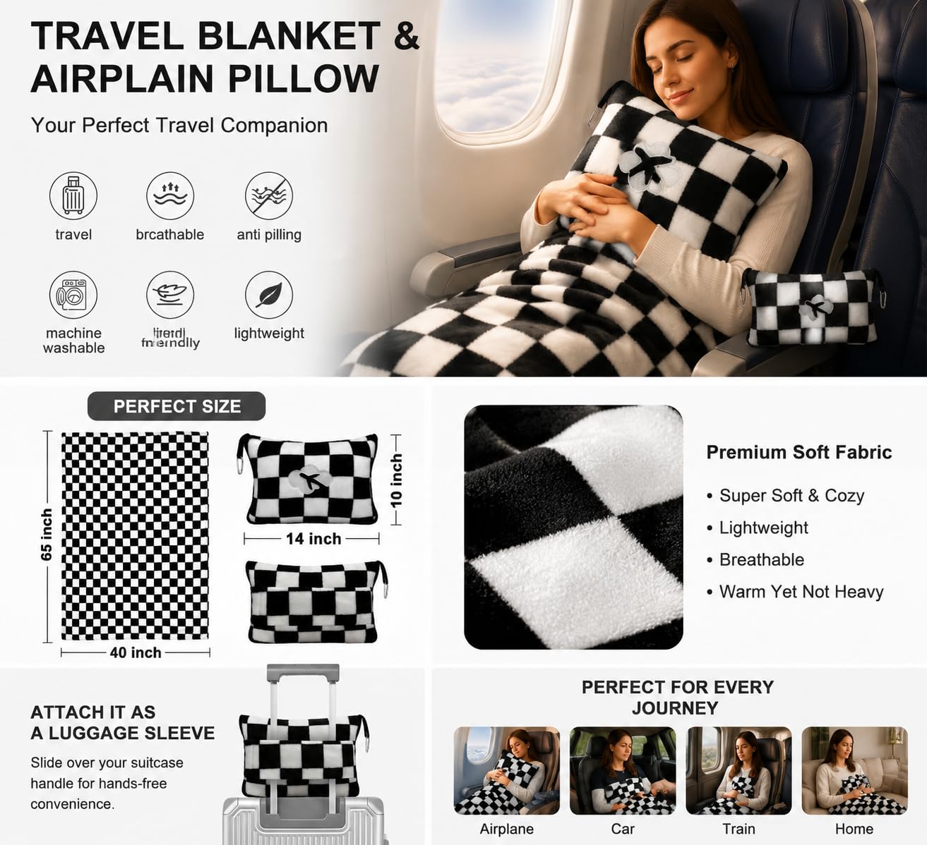 Travel Blanket and Pillow Compact, Premium Soft 2 in 1 Airplane Blanket with Soft Bag