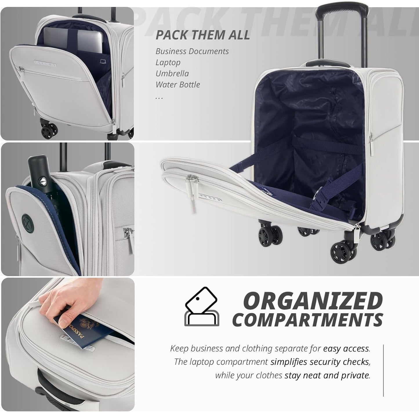 Verage Underseat Carry On Luggage with Wheels & USB Port,14 inch Cloud Gray Wheeled Spinner Carry-on Luggages Bags for Airlines, Lightweight Overnight Suitcase for Men Women