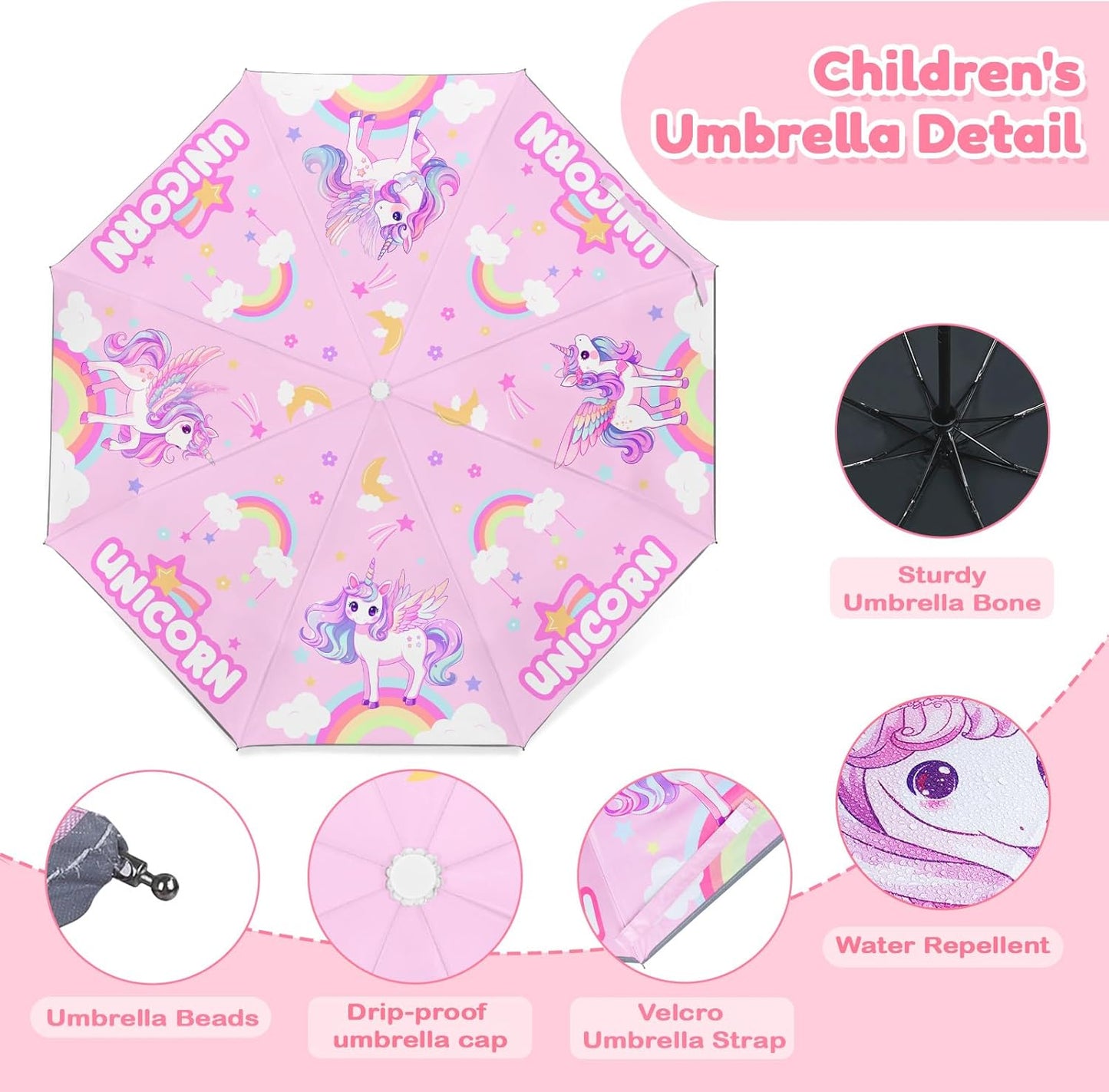 Autoamtic Kids Umbrella UV Resistant, Folding Compact Umbrella 360° Reflective Strip for Travel Outdoor, Lightweight Cute Kids Parasol Anti-rebound Safe for Toddler