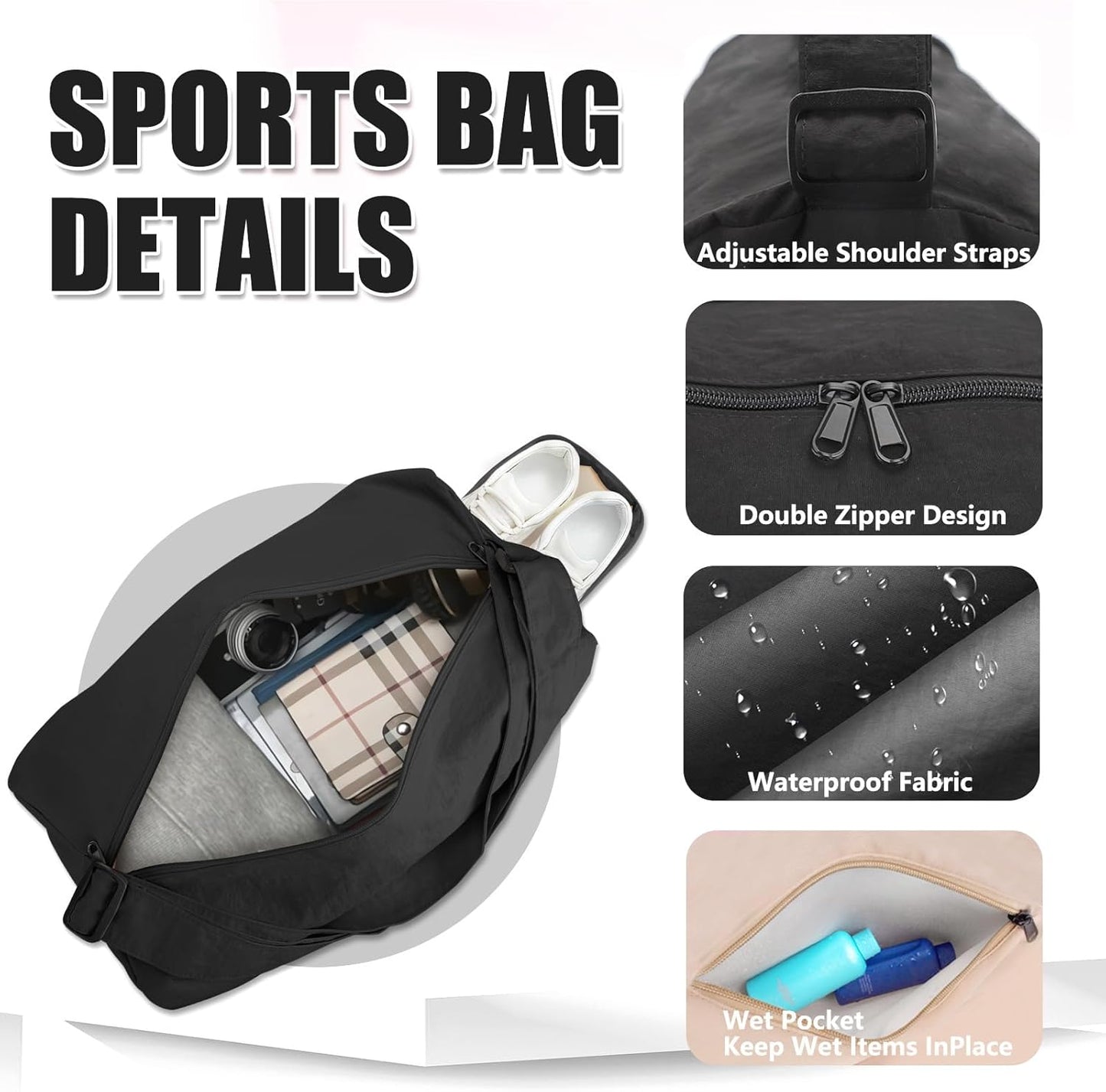 Small Gym Bag for Women with Shoes Compartment and Wet Pocket, Lightweight Travel Duffel Overnight Bags for Women & Men, Weekend Carry on Bag - Sport Yoga Swimming Dance(Black)