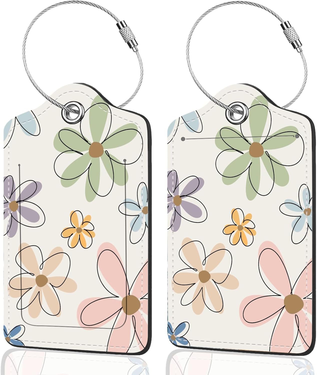 2Pack Luggage Tags for Suitcases, Cute Unique Pu Leather Cruise Luggage Tag with Privacy Cover ID Label Address Card and Metal Ring Suitable for Women Men Kids Travel Bag Linear Flower