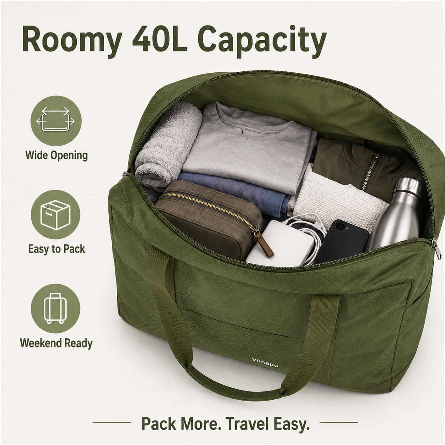 Vimapo Foldable Travel Duffle Bag with Trolley Sleeve 40L Travel Bag
