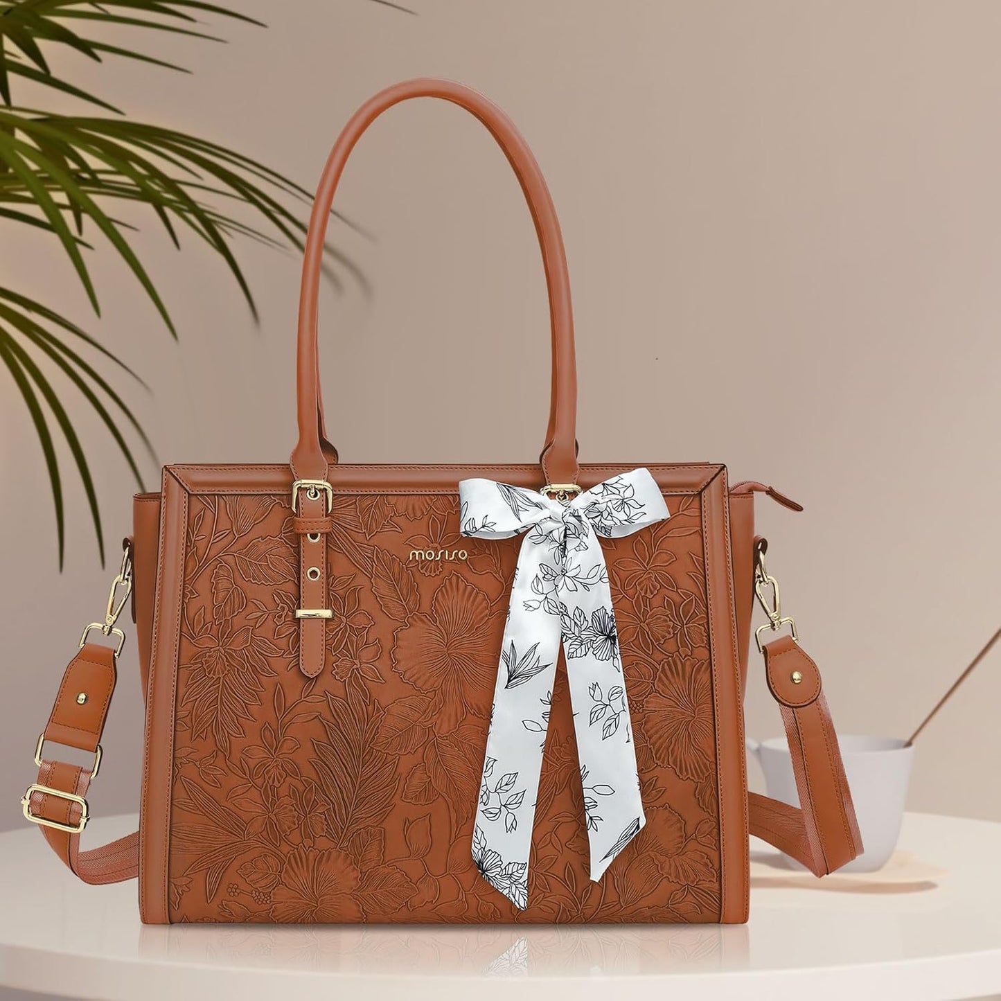 MOSISO Laptop Bag for Women, PU Leather Tote Bag, Front Embossed Retro Hibiscus Computer Bags with Silk Scarf&Clutch Purse