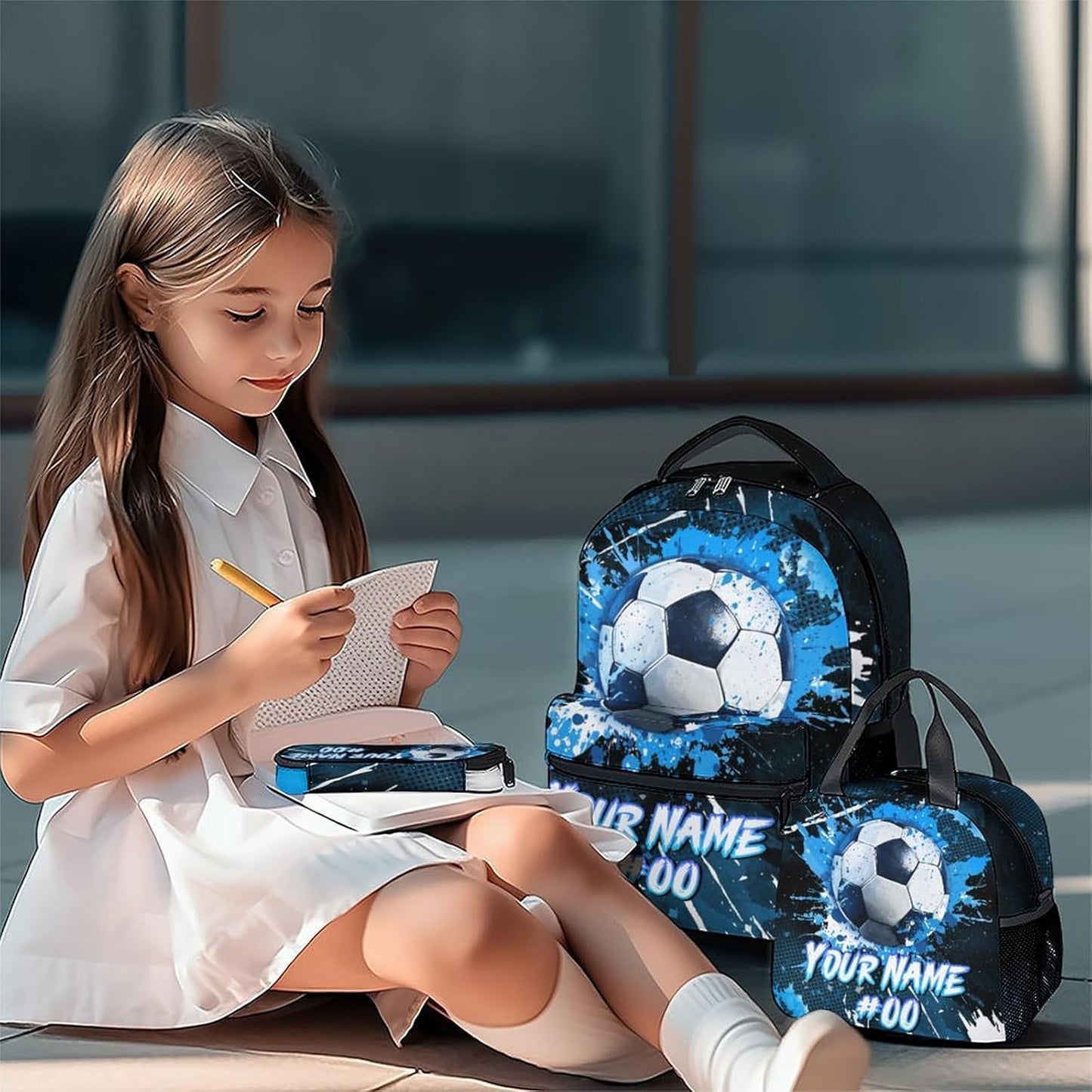COZYAURA Kids Backpack - Personalized Soccer Backpacks Set for Boys Girls - School Bookbag with Lunch Box - Sport Themed Book Bag for Elementary Middle School