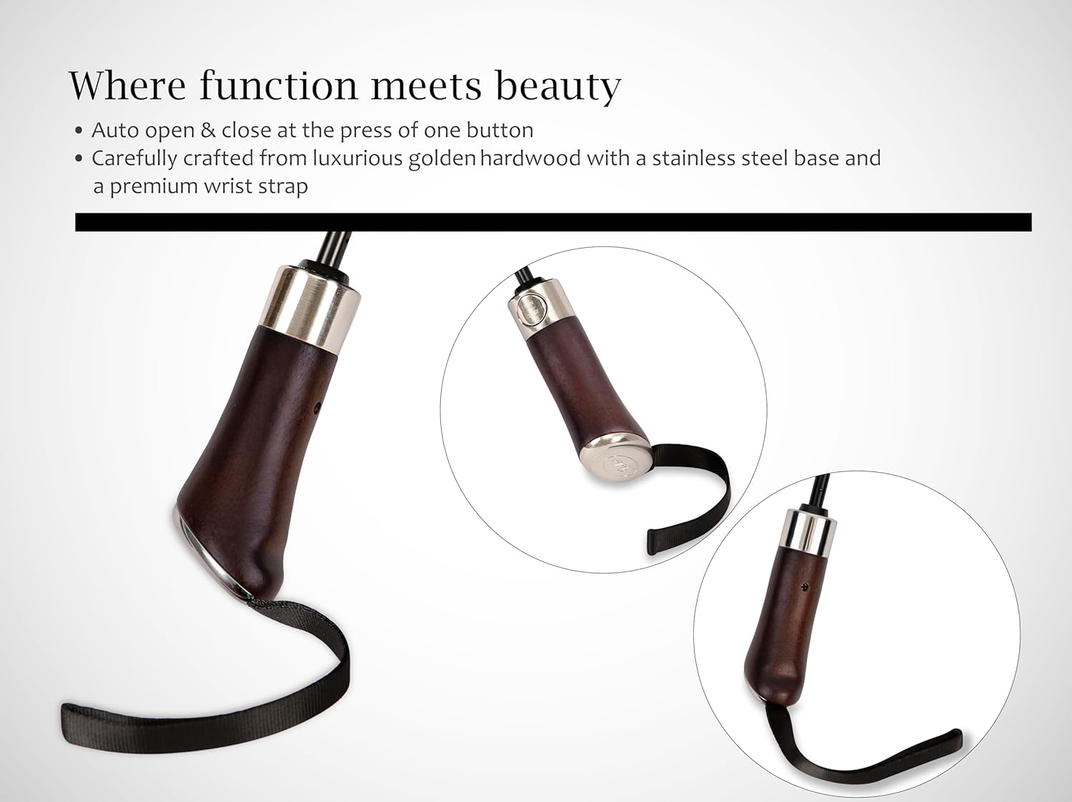 Balios (Designed in UK) Travel Umbrella Luxurious Golden Hardwood Handle Auto Open & Close