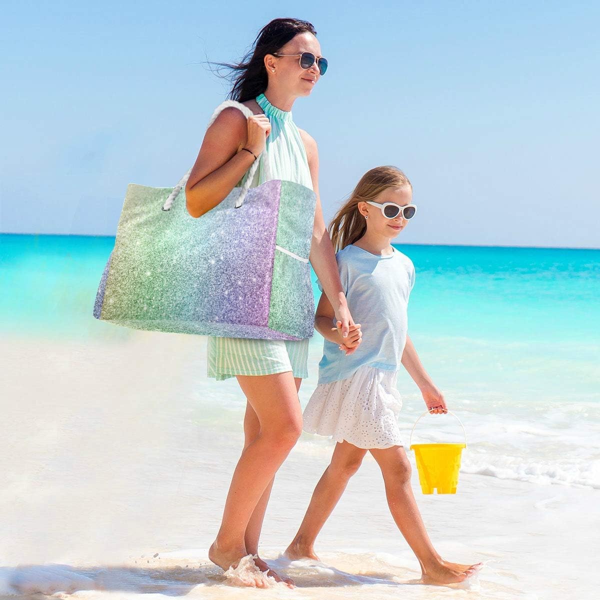 ALAZA Beach Bag, Rainbow Glitter Travel Tote Bags for Camping, Exercise