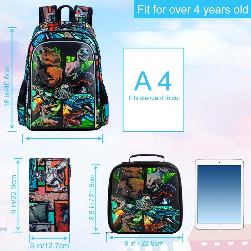 3PCS Dinosaur Backpack for Boys, 16 Inch Kids Water Resistant Preschool Elementary Kindergarten Bookbags and Lunch Box