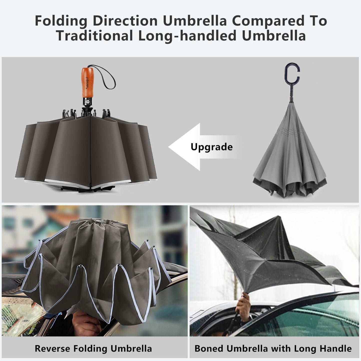 Lejorain Golf Large Inverted Umbrella - Black Big Windproof Heavy Duty Upside Down 46/50/54 Inch Compact Reverse Car Automatic Folding Reflective Umbrella