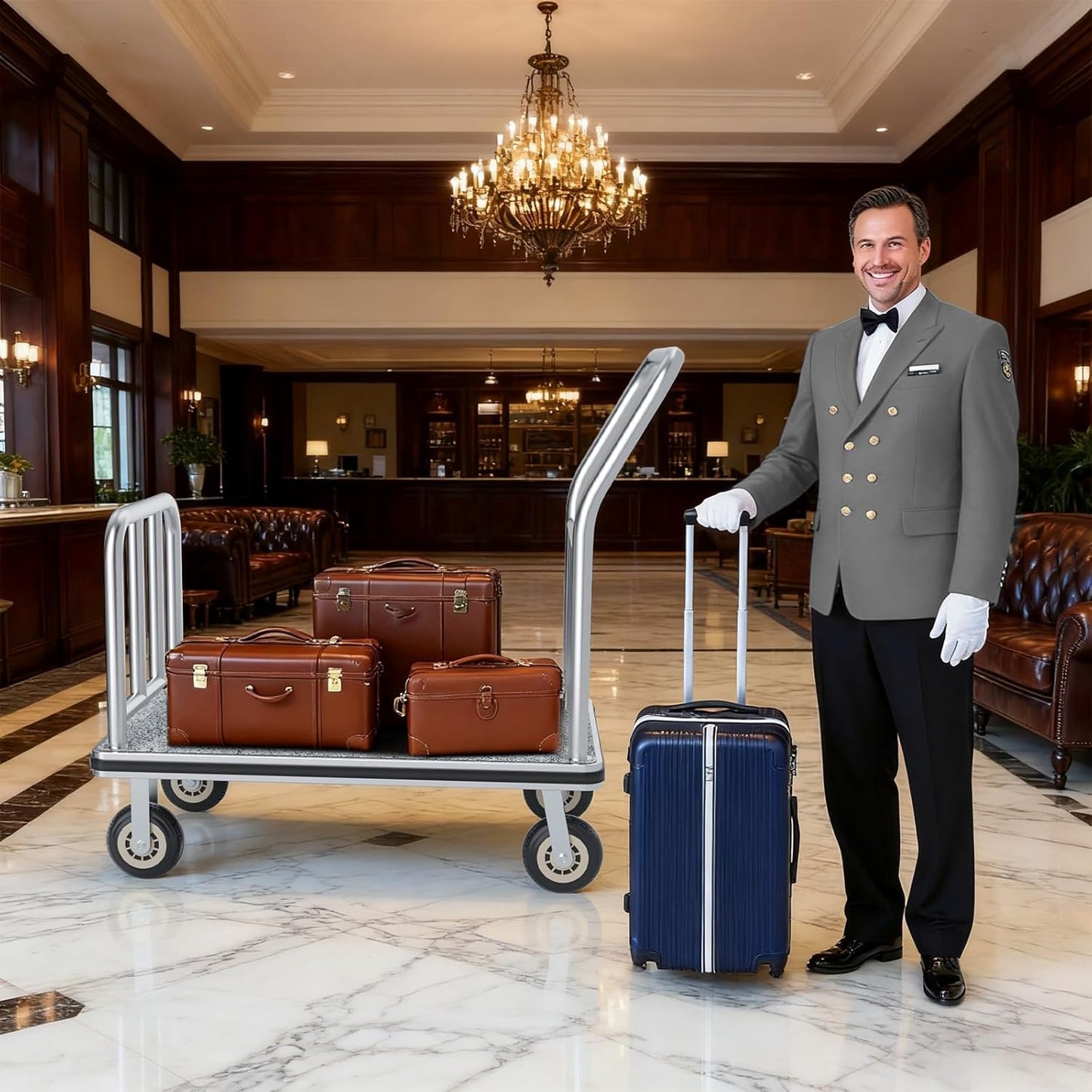 Heavy Duty Luggage Cart - 8" Wheels, Commercial Hotel Luggage Trolley, 900lbs Capacity Bellman Cart with Platform for Hotels & Airports