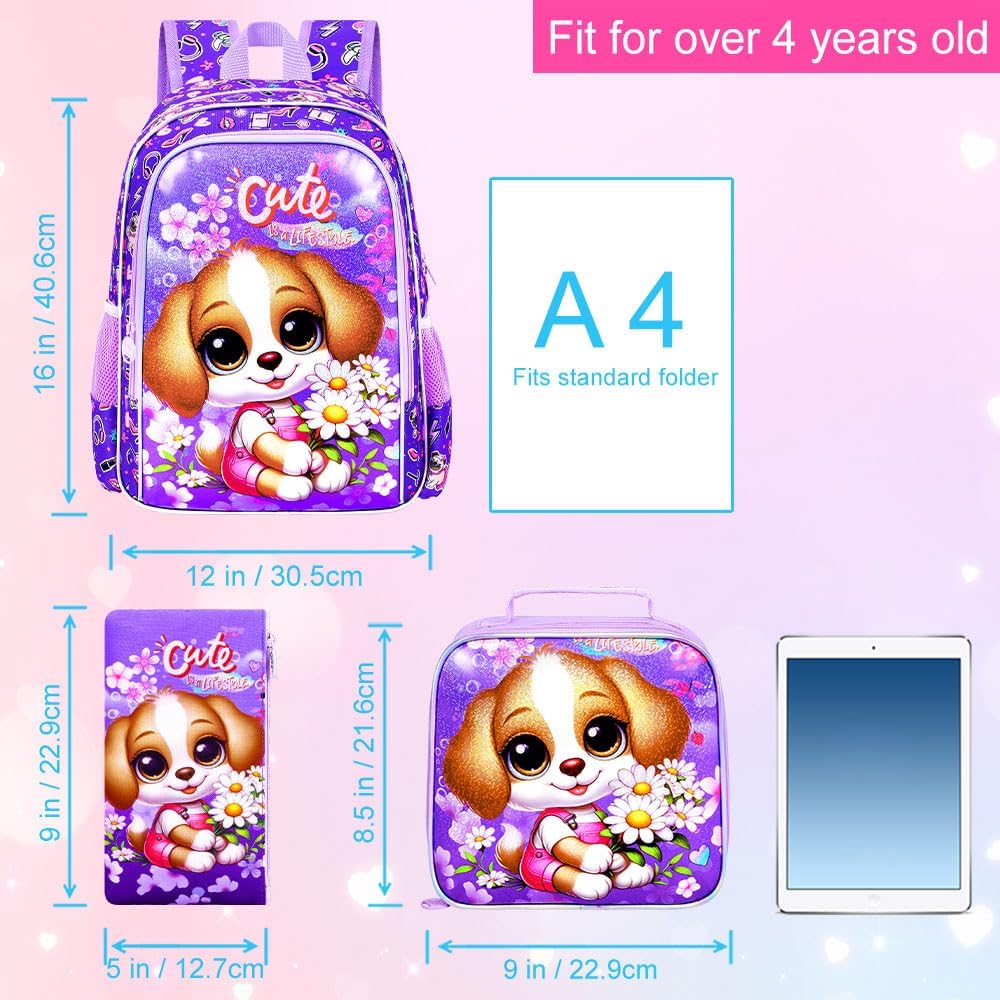 3PCS Girls Dog Backpack, Water Resistant Kids Bookbag Set with Lunch Box, Cute School Bag for Preschool Toddler