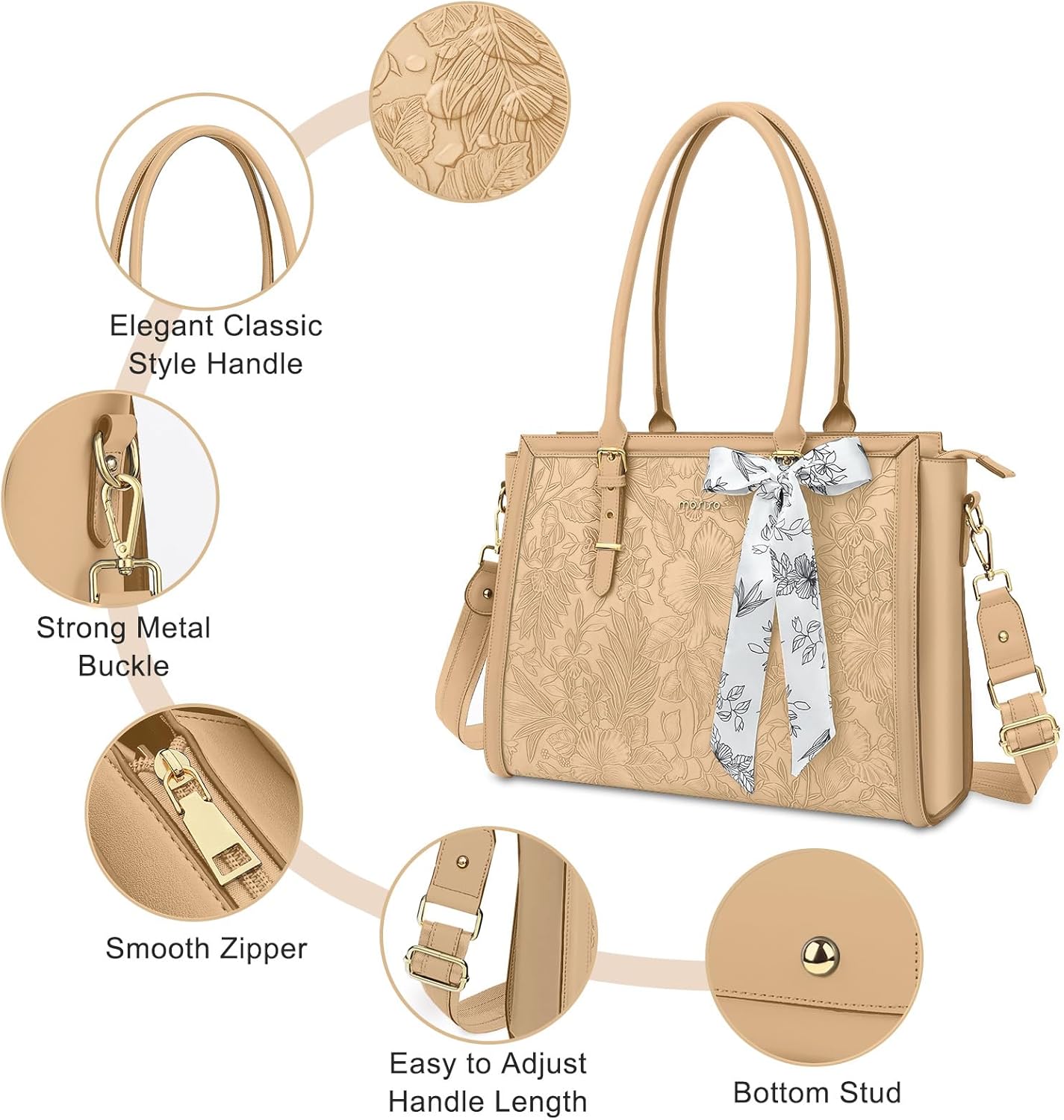MOSISO Laptop Bag for Women, PU Leather Tote Bag, Front Embossed Retro Hibiscus Computer Bags with Silk Scarf&Clutch Purse