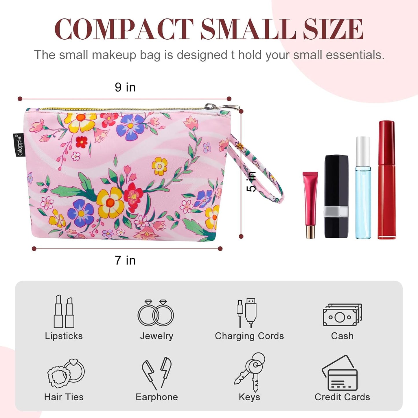 Gloppie Pink Small Makeup Bag for Purse - Cosmetic Bags for Women - Floral Makeup Pouch with Handle