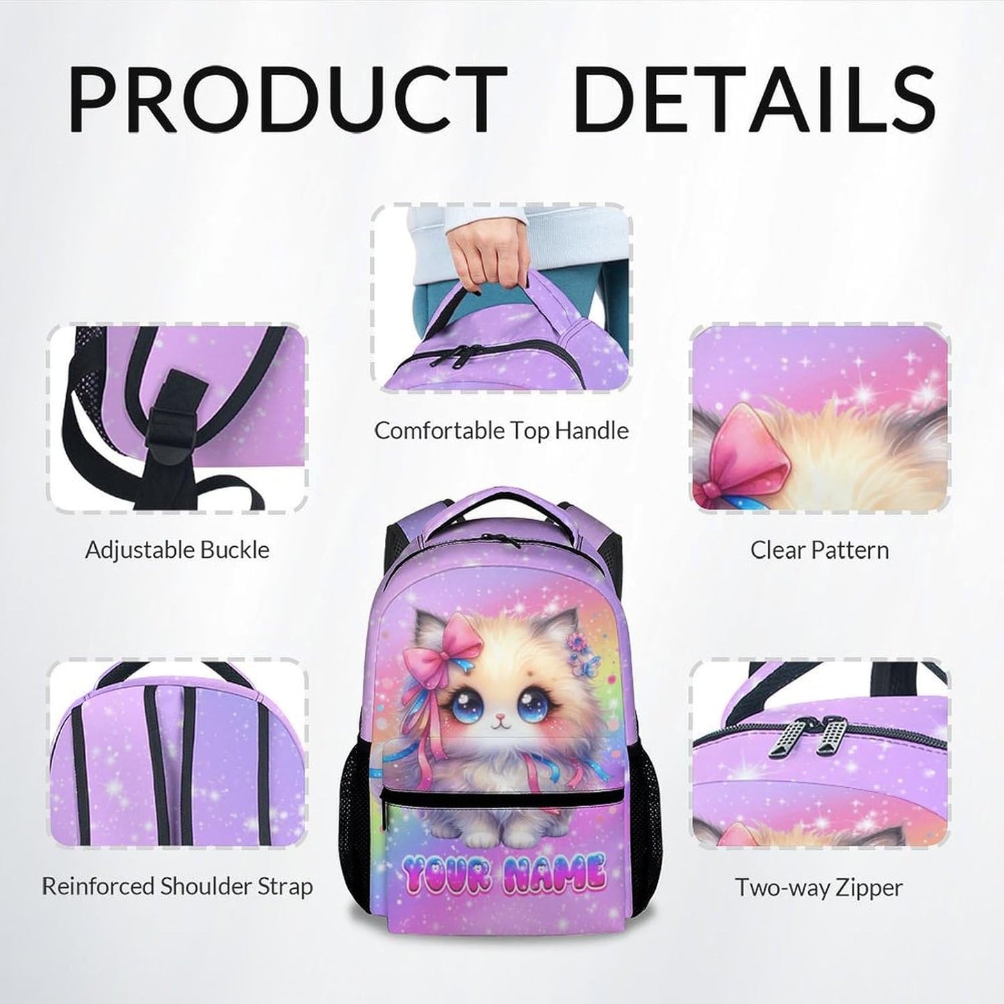 School Backpack for Girls, Personalized Cat Backpack for Kids, 17" Cute Rainbow Bookbag for