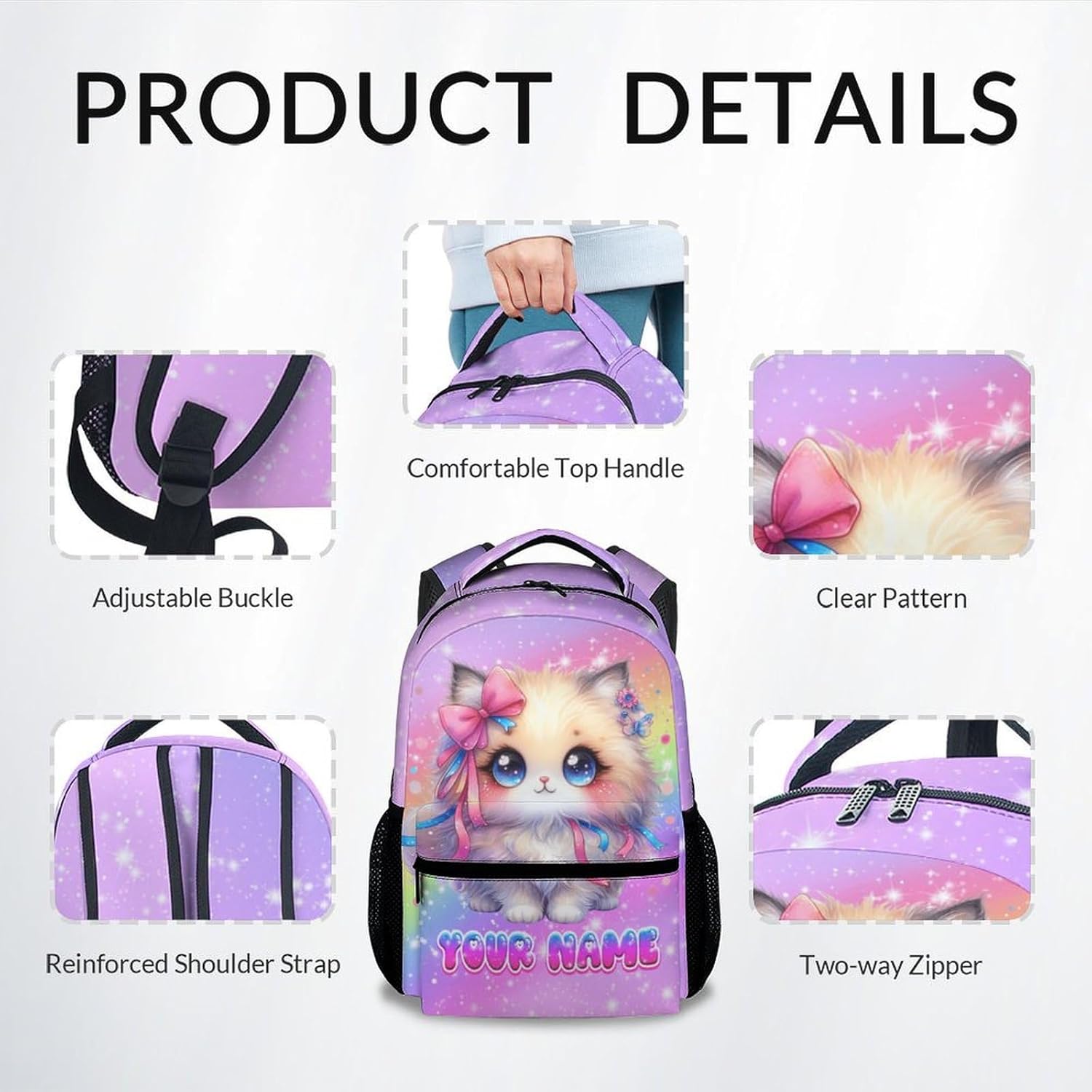 School Backpack for Girls, Personalized Cat Backpack for Kids, 17" Cute Rainbow Bookbag for