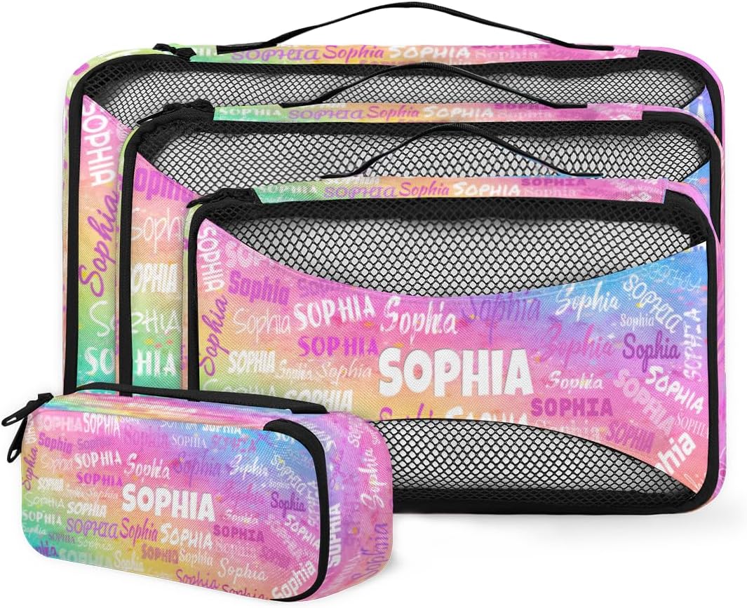 Personalized Name 4 Set Packing Cubes Luggage Packing Organizers Travel Accessories for Women Girls, Colorful Pink Watercolor